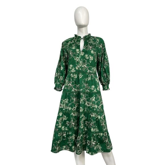 Alice + Olivia 'Layla' Green Cotton Floral Tiered Ruffle Dress Size S / P - Picture 2 of 4